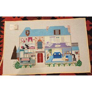 Hand-Painted Dollhouse Needlepoint Wall Canvas 24" x14" Vibrant Colors